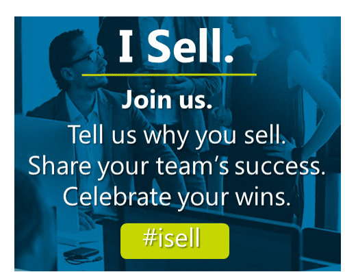 Graphic with an image of people talking in the background. Text reads: "I Sell. Join us. Tell us why you sell. Share your team's success. Celebrate your wins. #isell